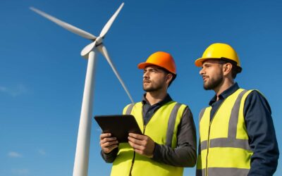 Clifftop saga: wind turbine 2 men conquer the wind-swept heights.